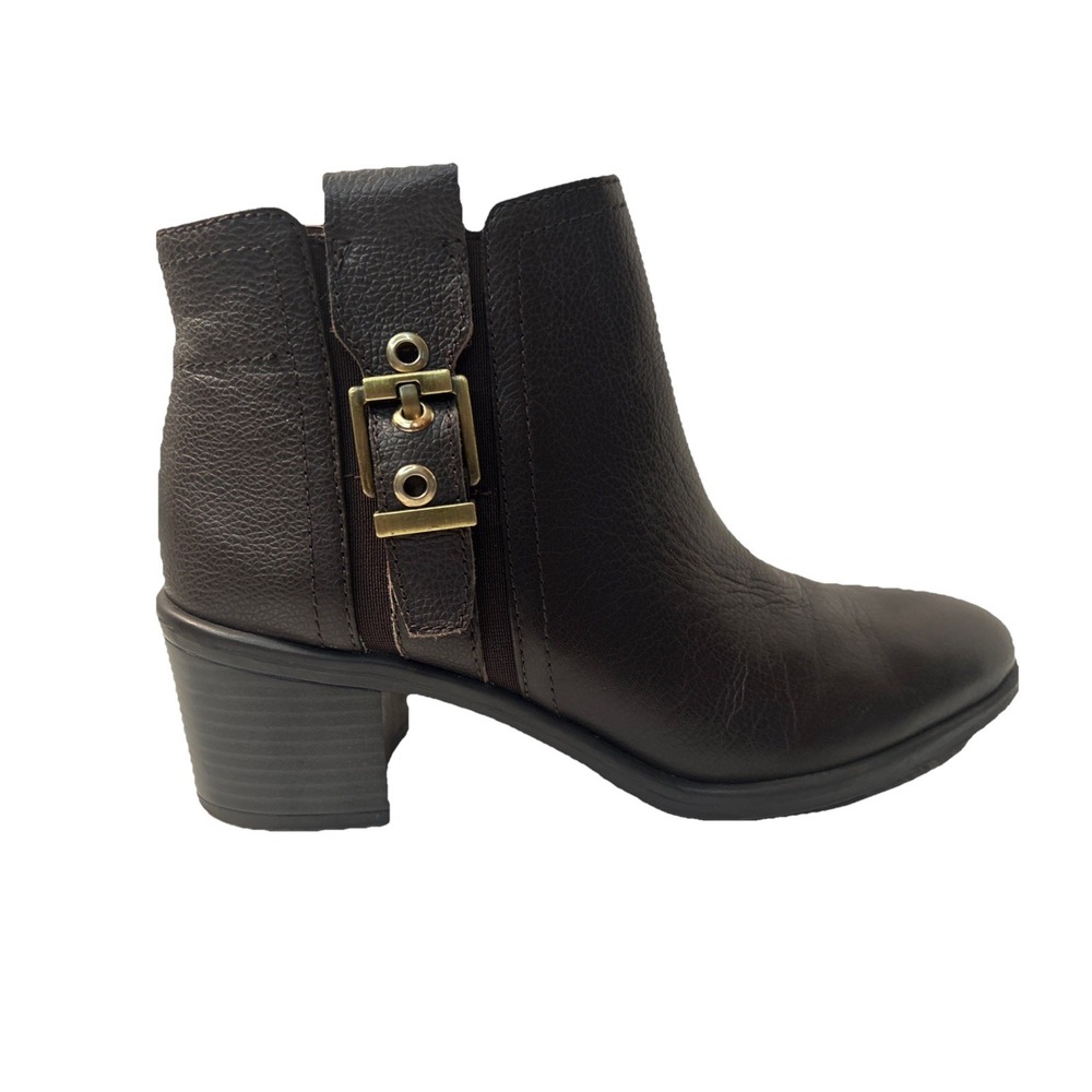 Franco‎ Sarto Womens Leather Ankle Heeled Boots Sz 6.5 M Brown Pull-On Buckle
